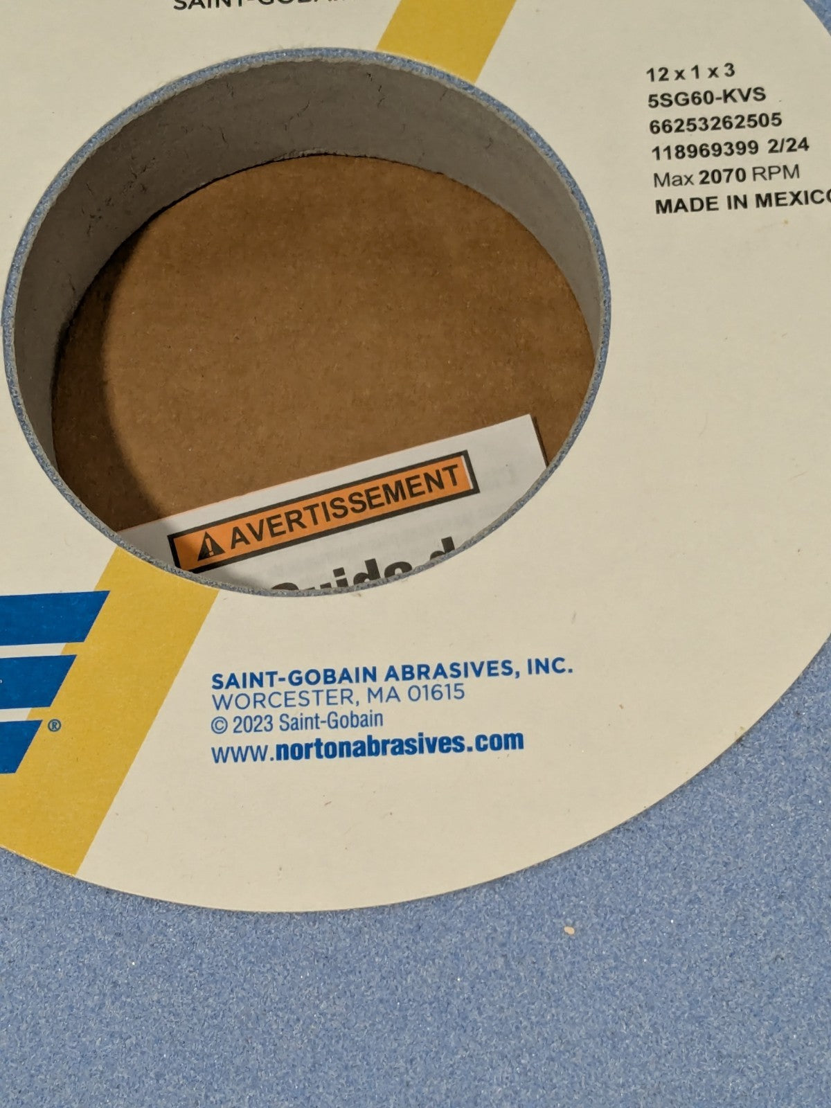 Norton Surface Grinding Wheel 12" Diam 1" Thick 3" Arbor Hole 60G