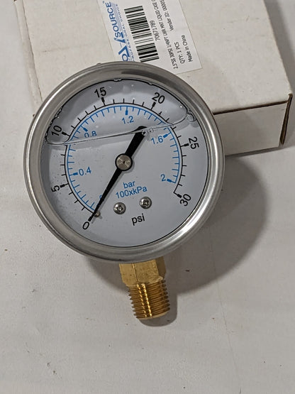 Pressure Gauge: 2-1/2" Dial, 30 psi, 1/4" Thread, NPT, Lower Mount 70671789