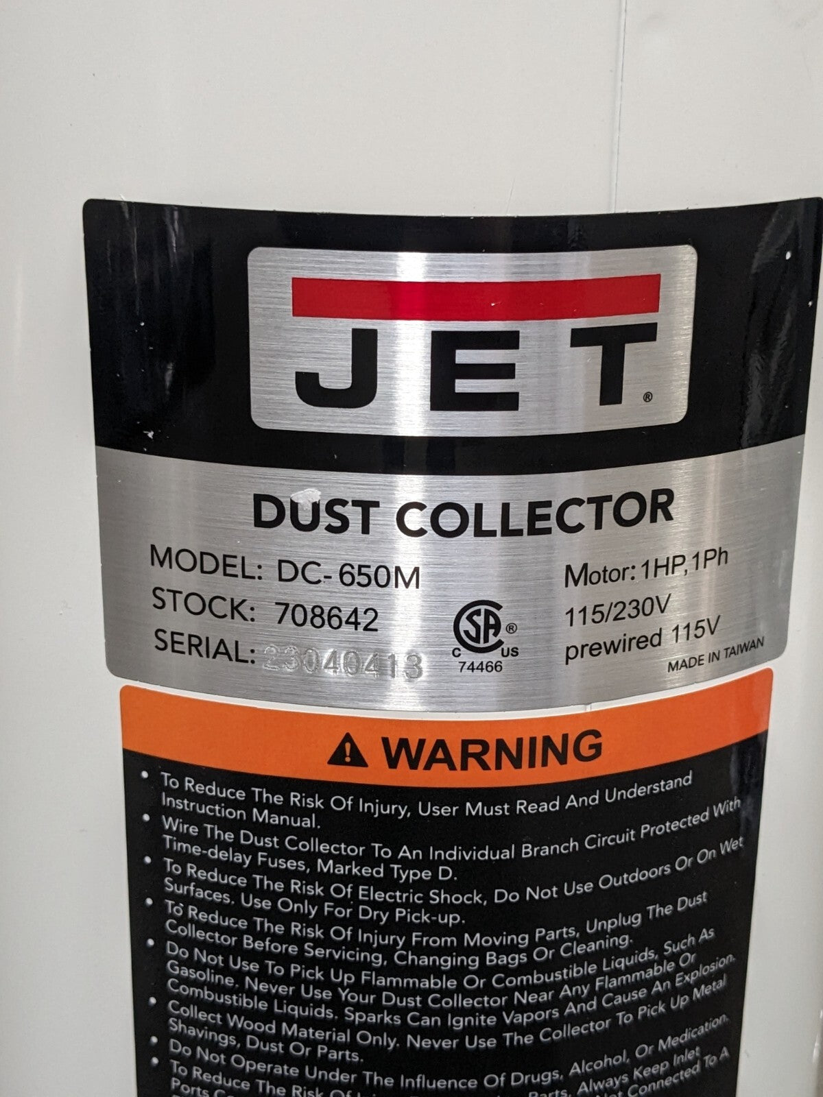 Jet Vortex Cone Portable Dust Collector 650 CFM 1 HP 115v 708642BK