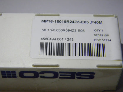Seco Carbide Milling Tip Insert MP16-16019R24Z3-E05 Grade F40M 51794