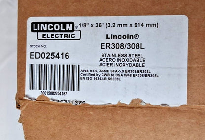 Lincoln Electric Stainless Steel TIG Welding Rods 36" QTY10 1LB Tubes ED025