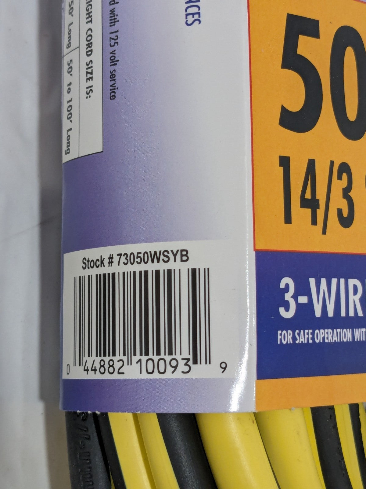 WorkSmart 50' Yellow/Black Outdoor Extension Cord 14/3 Gauge/Conductor 7305