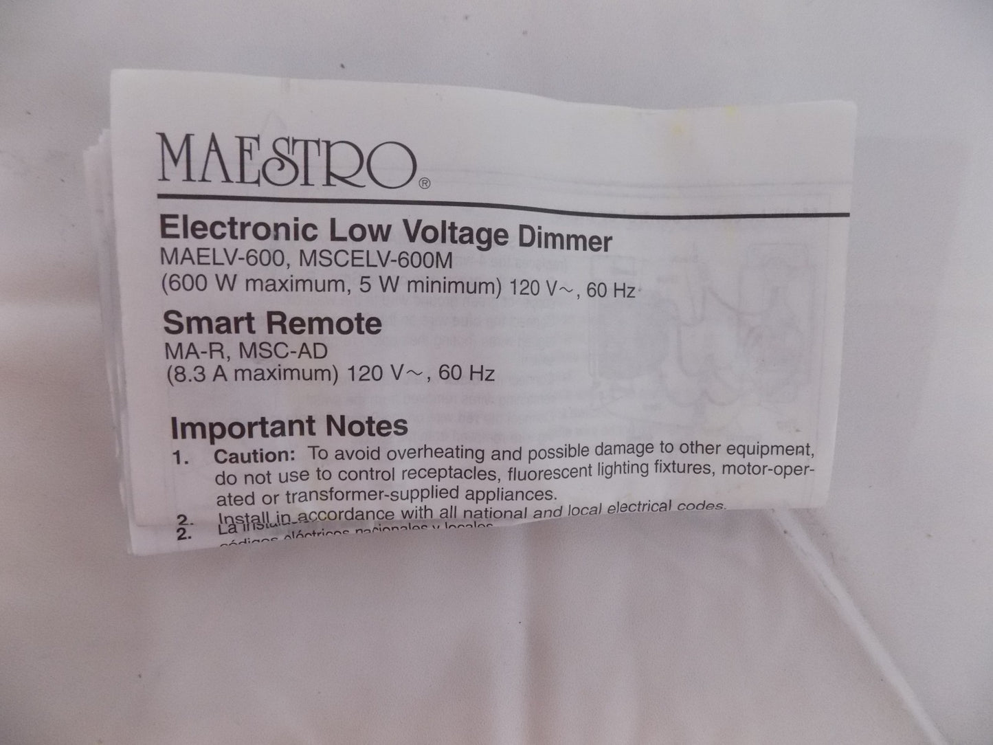 Lutron Maestro MAELV-600-GR Low-Voltage Dimmer 600W Max - 120V - Gray