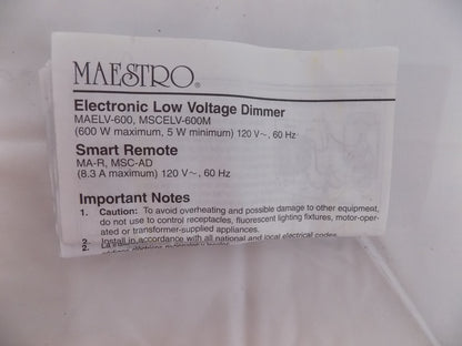 Lutron Maestro MAELV-600-GR Low-Voltage Dimmer 600W Max - 120V - Gray
