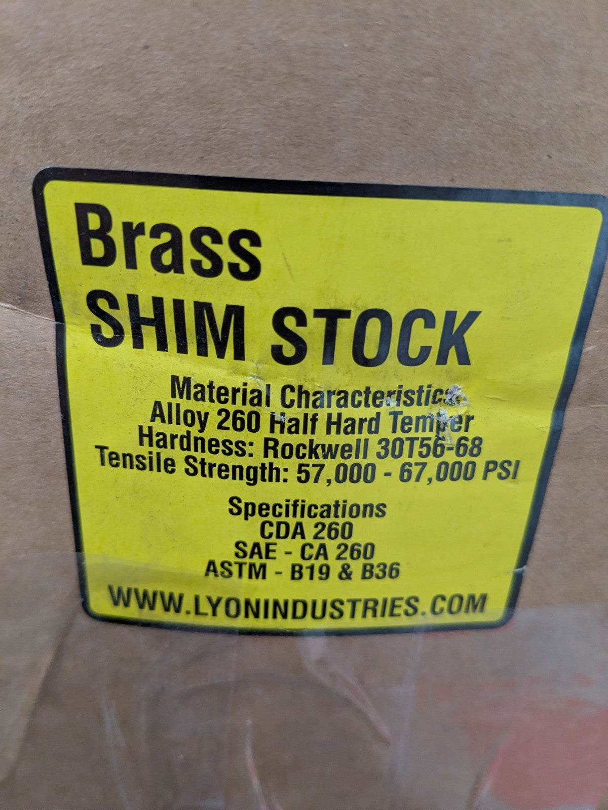 Lyon Metal Shim Stock: Roll, 0.0150" Thick, 60" L, 6" W, 260 Brass 32020125