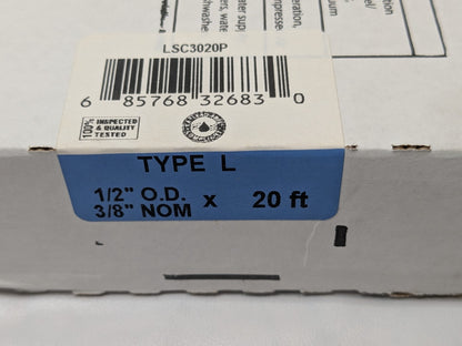 Mueller Industries Copper Seamless Tube 20 Ft Long X 1/2" OD X 3/8" ID LSC3020P