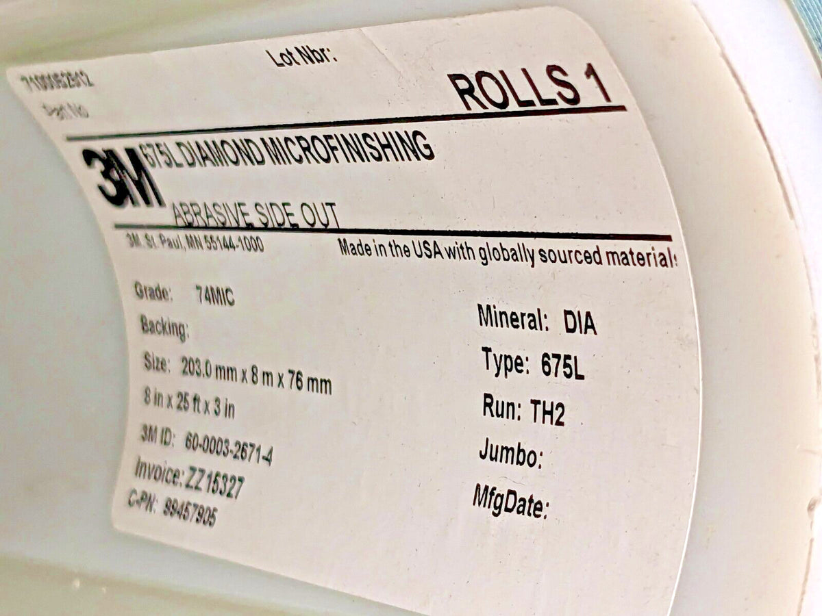 3M Diamond Microfinishing Film Roll 675L 74 Micron 8"x 25 Ft x 3" 7100