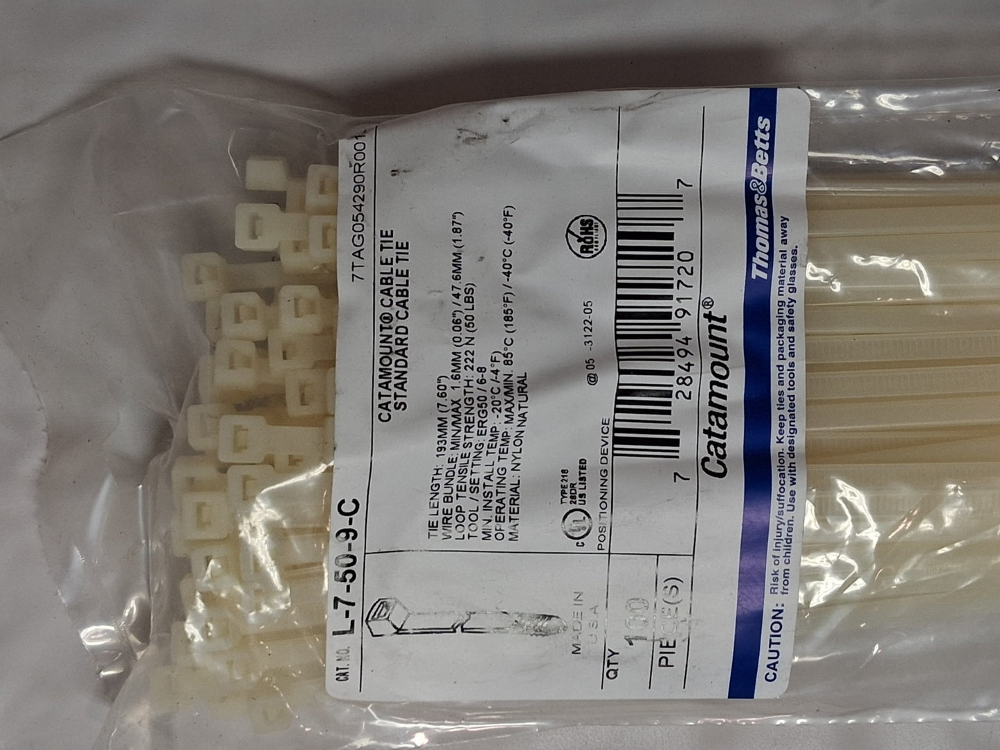 Thomas&Betts Nylon Cable Tie 7.6" 50lb Natural QTY1000 L-7-50-9-C