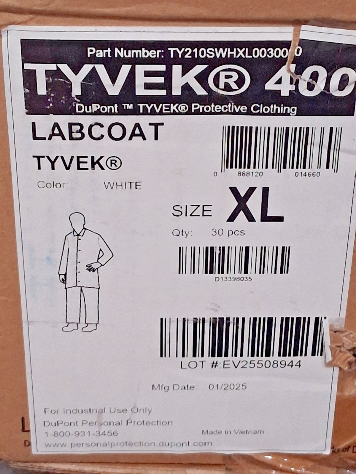 Dupont White Tyvek Lab Coat Size XL QTY30 TY210SWHXL003000