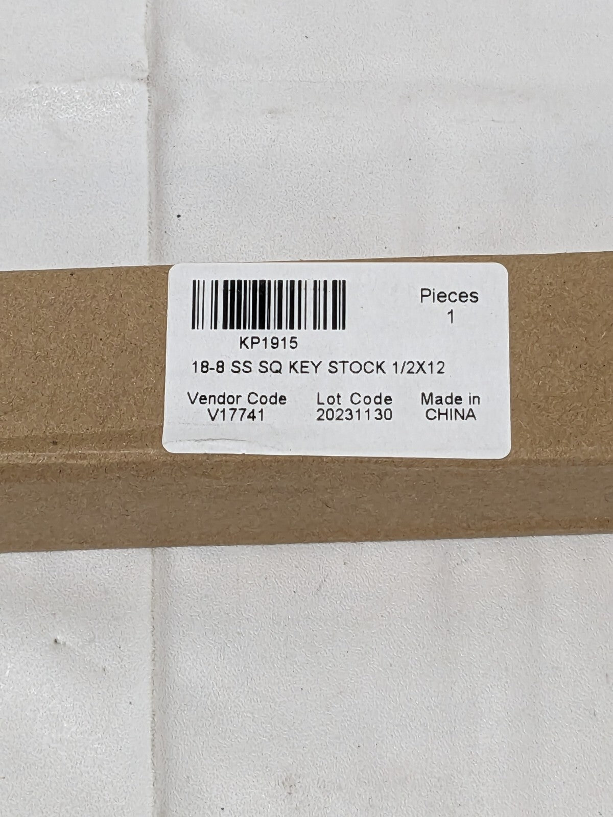 Undersized Key Stock 1/2" High, 1/2" Wide, 12" Long, 18-8 Stainless Steel KP1915