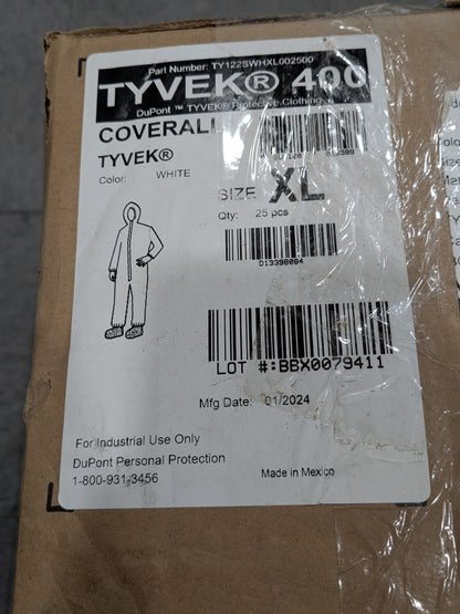 Box of 25 DuPont Tyvek 400 Coverall w Attached Boots White XL TY122SWHXL002500