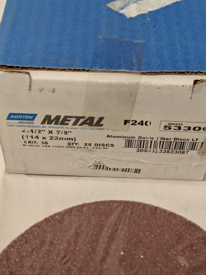 Norton 4-1/2x7/8 Metal F240 Aluminum Oxide Fiber Disc 36 Grit 25 PK 66623353306