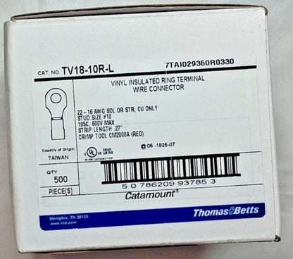 Catamount Circular Ring Terminals PI 22 to 16 AWG QTY500 TV18-10R-L