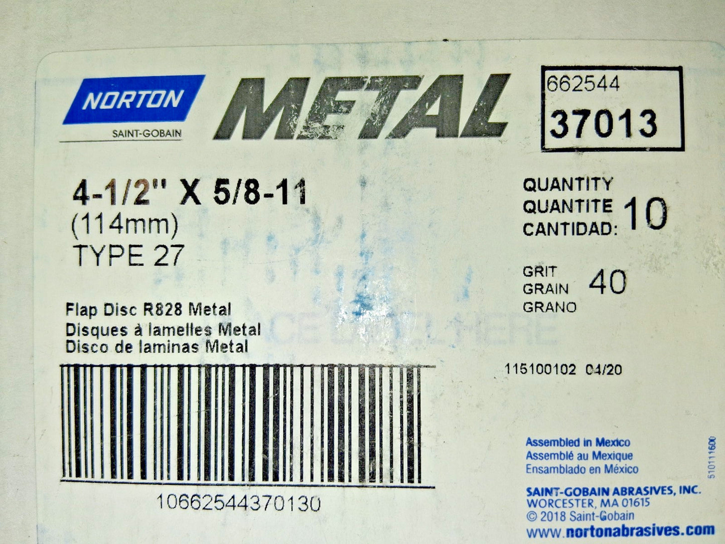Norton Metal Fiberglass Flat Flap Disc R828 P40 Qty10 66254437013