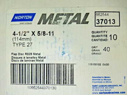 Norton Metal Fiberglass Flat Flap Disc R828 P40 Qty10 66254437013