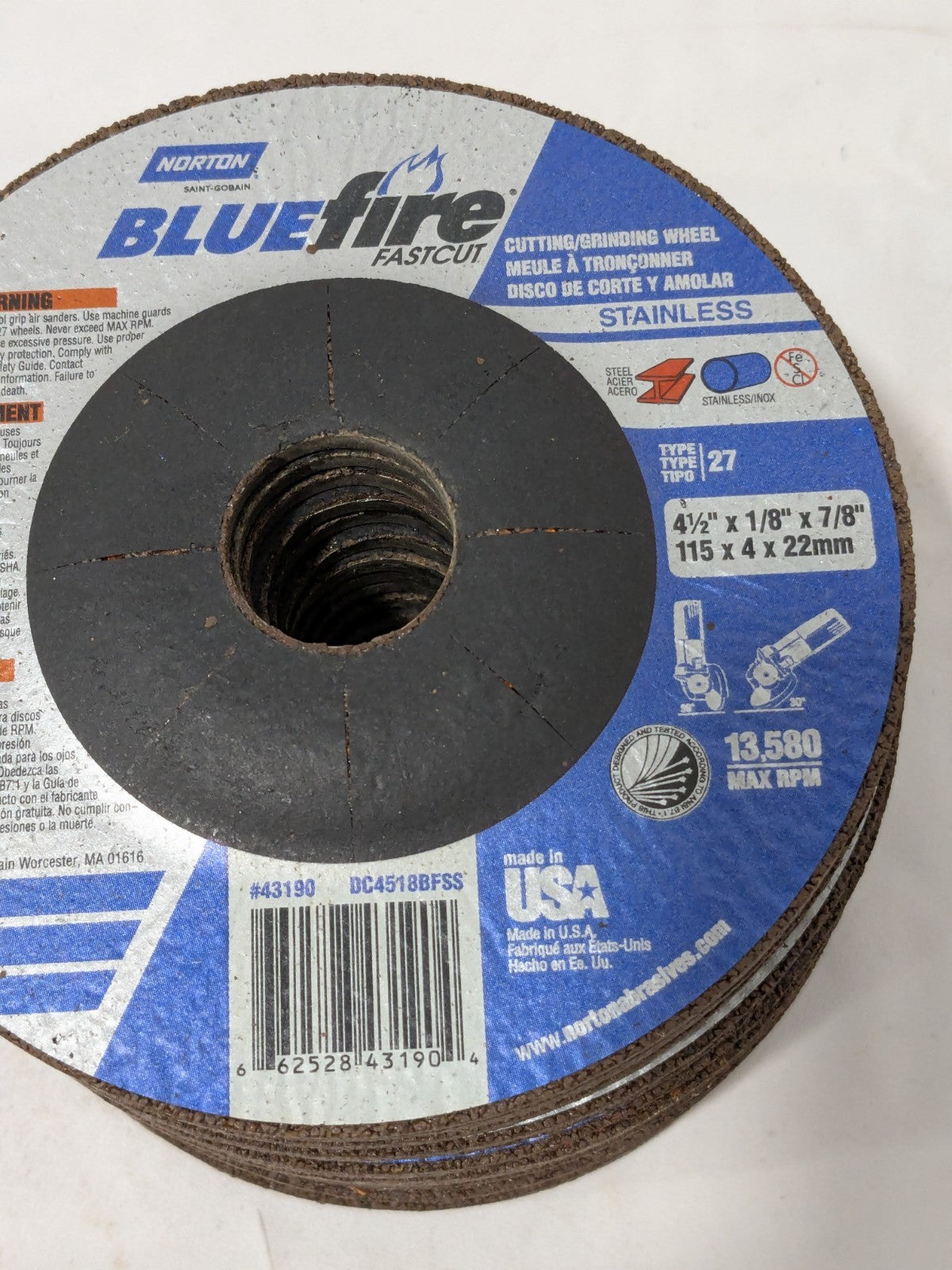 (14) Norton Depressed-Center Wheel 4-1/2" Dia, 1/8" Thick, 7/8" Hole 66252843190