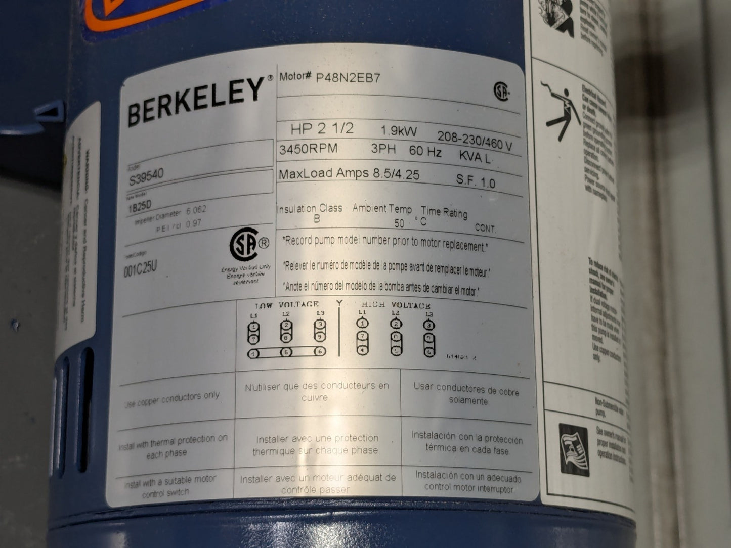 Berkeley High Head Centrifugal Pump 2.5 HP 208-230/460V 3 Ph. Parts / Repair