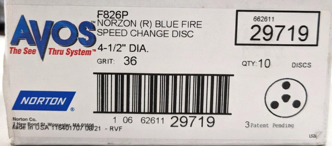 NORTON F826P 4-1/2" Fiber Disc  5/8-11 ID  36 Grit *Box of 10* 662611297219