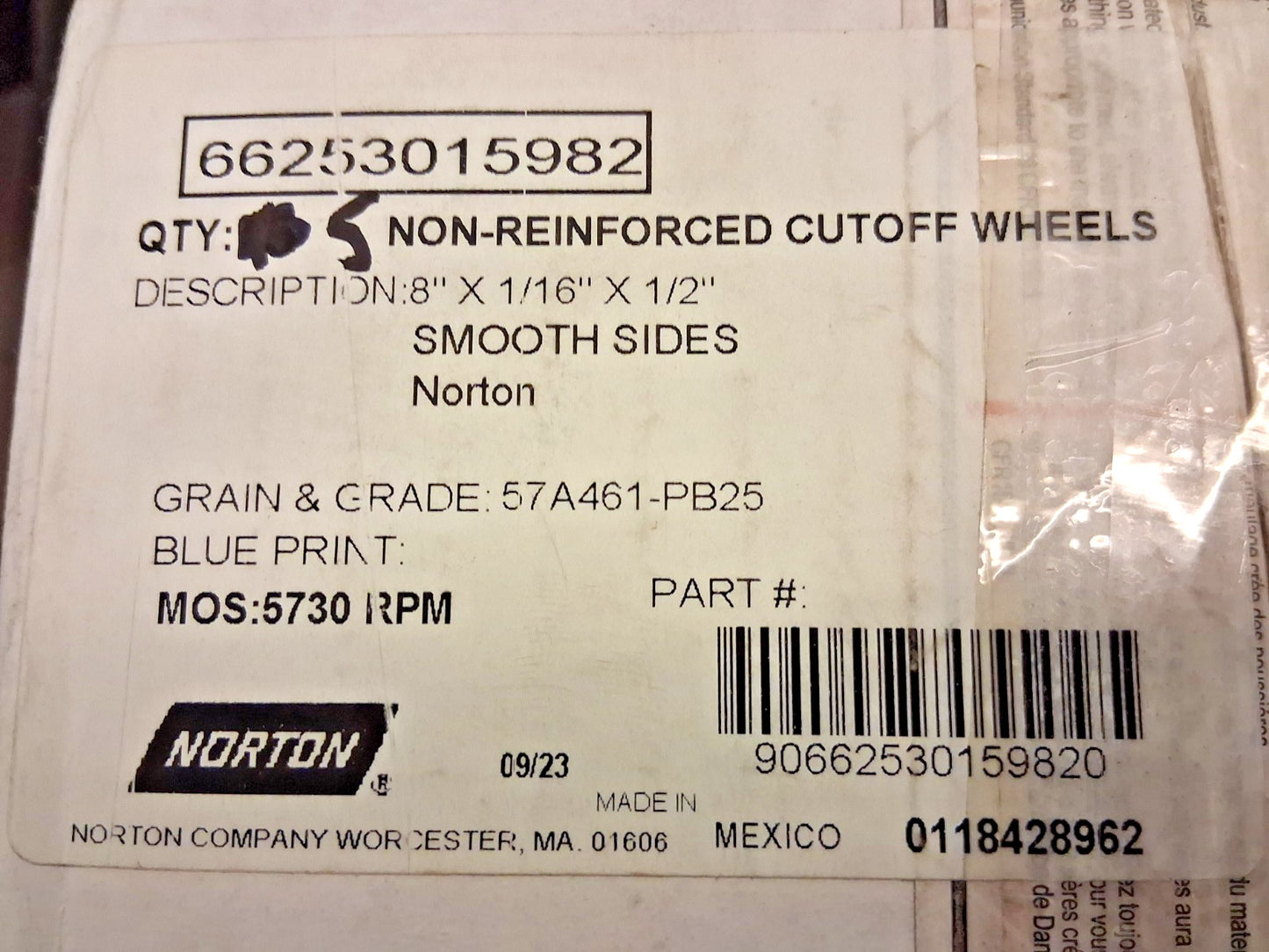 Norton Aluminum Oxide Cuttoff Wheels QTY5 8x1/16x1/2" Hole 60 Grit 66253022702