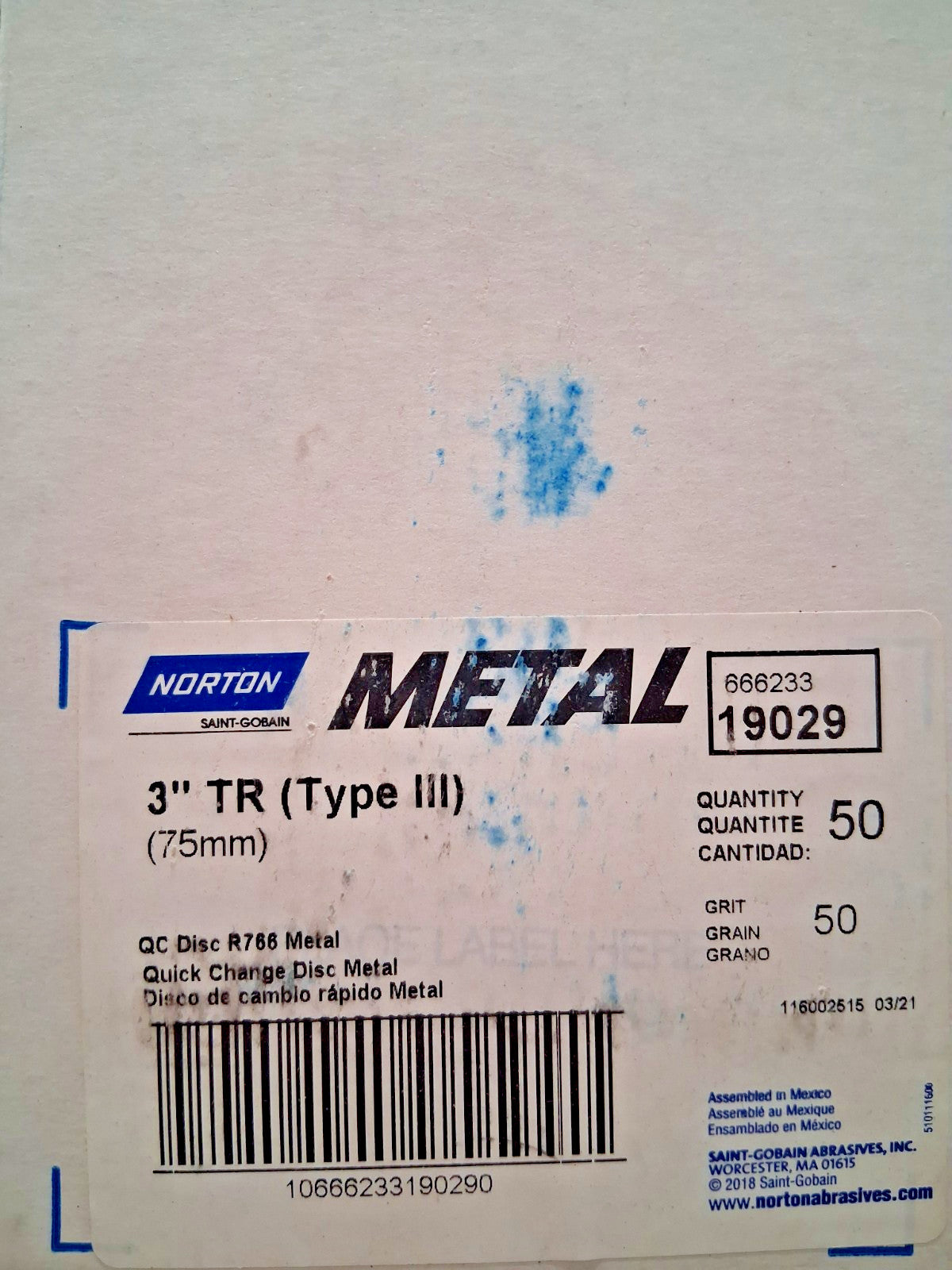 Norton Aluminum Oxide Quick-Change Discs QTY50 Type R 3" Dia 50 Grit 66623319029