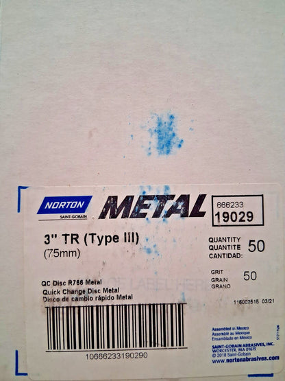 Norton Aluminum Oxide Quick-Change Discs QTY50 Type R 3" Dia 50 Grit 66623319029