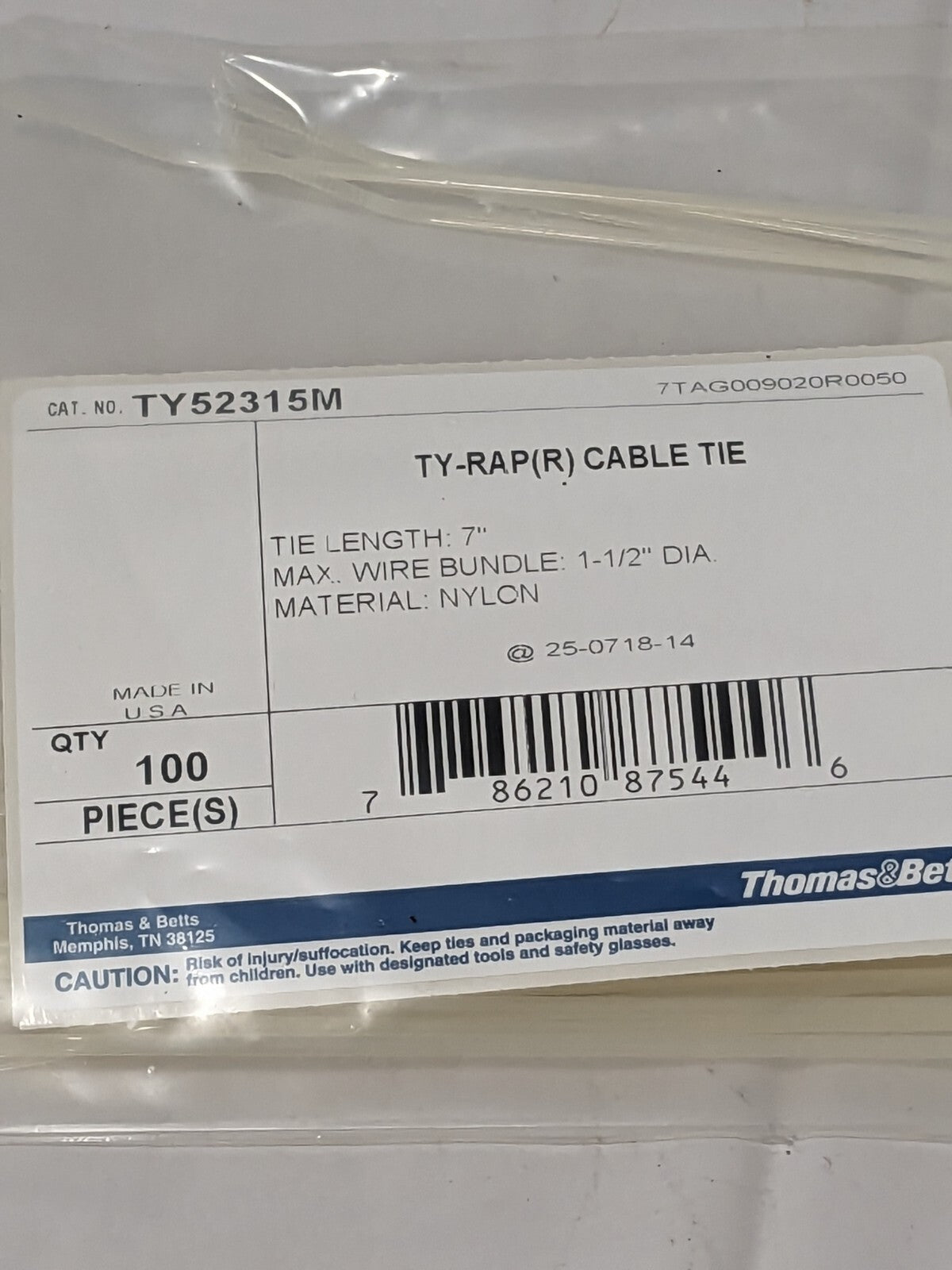 T&B Cable Tie Duty: 7" Long, Natural, Nylon, Standard Qty 100 TY52315M