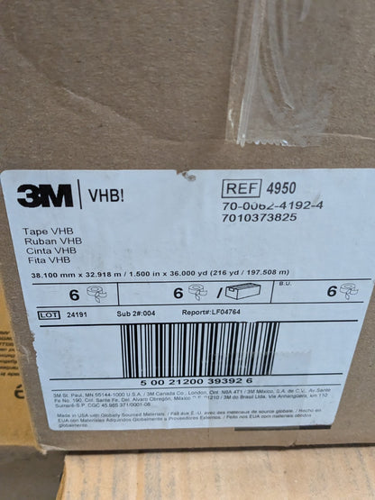 (6) 3M 4950 White VHB Tape - 1 1/2" W x 36 yd Length - 45 mil Thick 7010373825