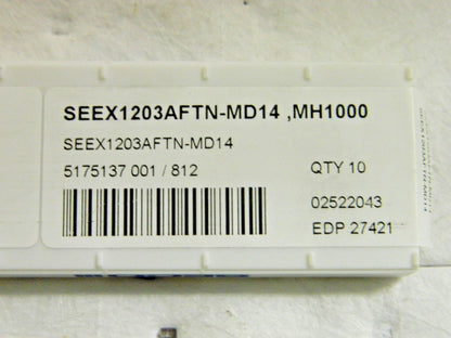 Seco Carbide Milling Inserts SEEX1203AFTN-MD14 Grade MH1000 Qty 10 27421