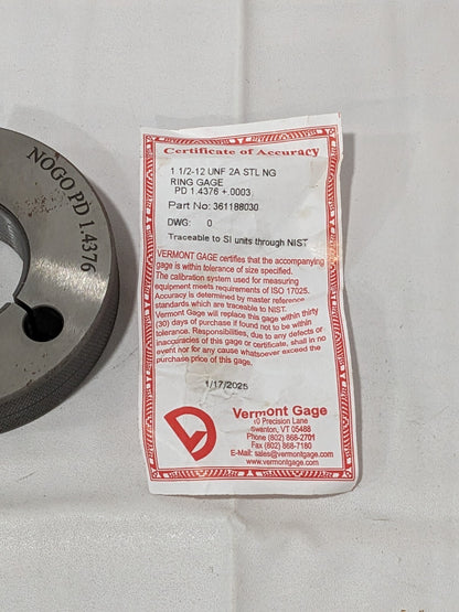 Vermont Gage Threaded Ring Gage: 1-1/2-12 Thread, UNF, Class 2A, No Go 361188030