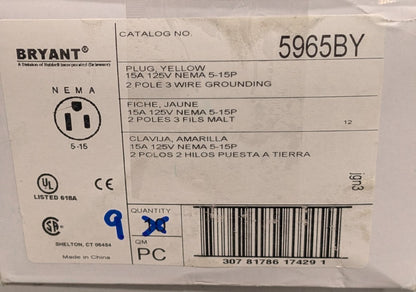 Bryant Electric Straight Blade Plug: 5-15P, 125V, Yellow Qty 9 5965BY