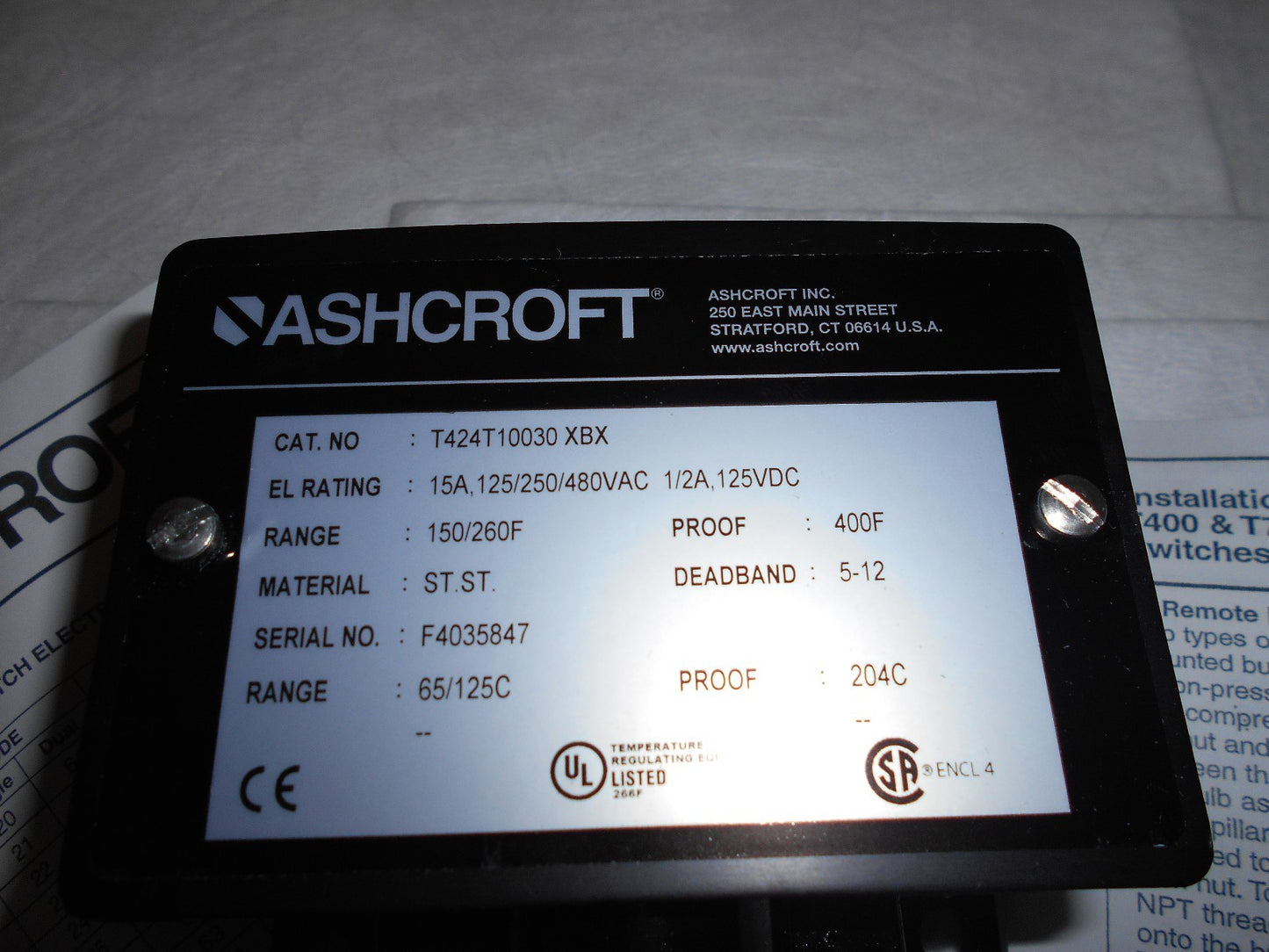 Ashcroft Temperature Switch Watertight Single Set-point 150/260F T424T10030BX260