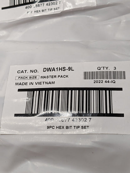 Dewalt 9 Piece Hex Key Bit Set 1/16 to 1/4 Qty 6 DWA1HS-9L