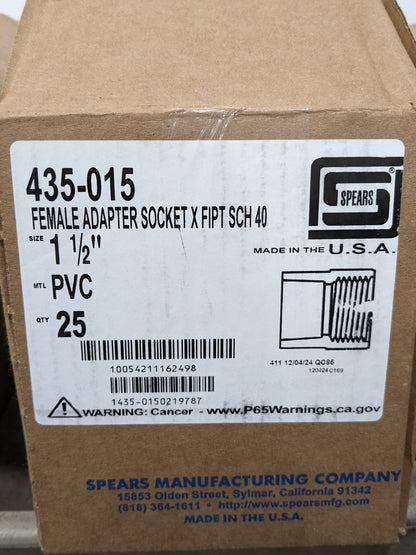 Spears 1-1/2" PVC Plastic Pipe Female Adapter, SCH 40 Qty 25 435-015