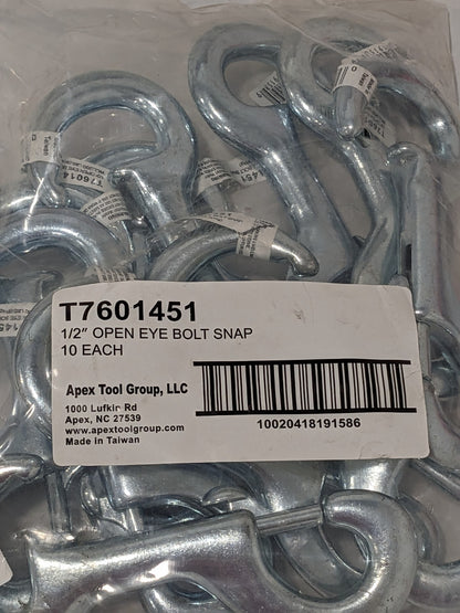 Apex Tool Group 1/2" Open Eye Bolt Sanp Qty 10 T7601451