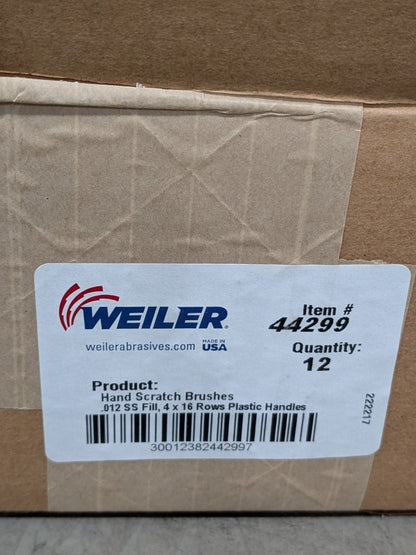 (12) Weiler Hand Wire Scratch Brush .012 SS Fill 4x16 Rows Plastic Block 44299
