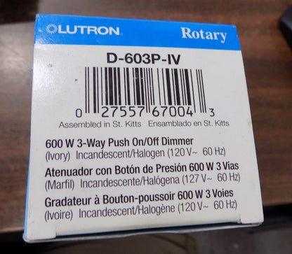 Lutron D-603P-IV Rotary Dimmer Push On/Off 3-Way Ivory