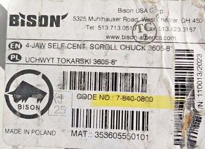 Bison 4 Jaw Self Centering Manual Chuck 8" Diam Plain Back 3605-8" 7-840-0800