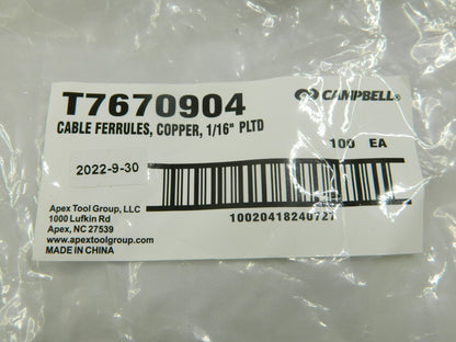 CAMPBELL Wire Rope Ferrule & Stop: 1/16 Rope Dia, Copper Qty 1,500 T7670904