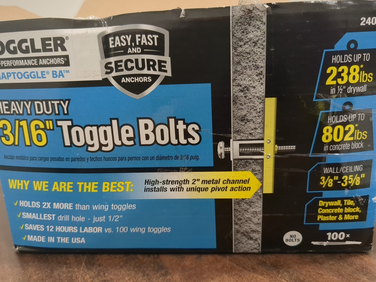 TOGGLER approx. 100pk Steel Toggle Bolt Drywall&Hollow Wall Anchors 24013