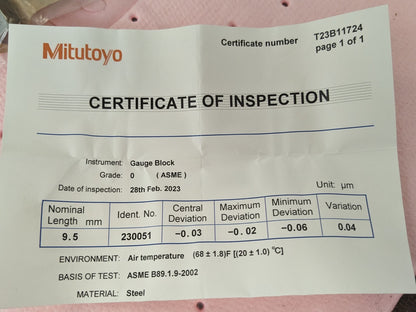 MITUTOYO Rectangle Steel Gage Block: 9.5 mm, Grade 0 611649-531