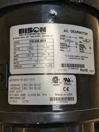 Bison Parallel Shaft AC Gearmotor 1/4 HP 115/230v 016-246-4015 Parts / Repair