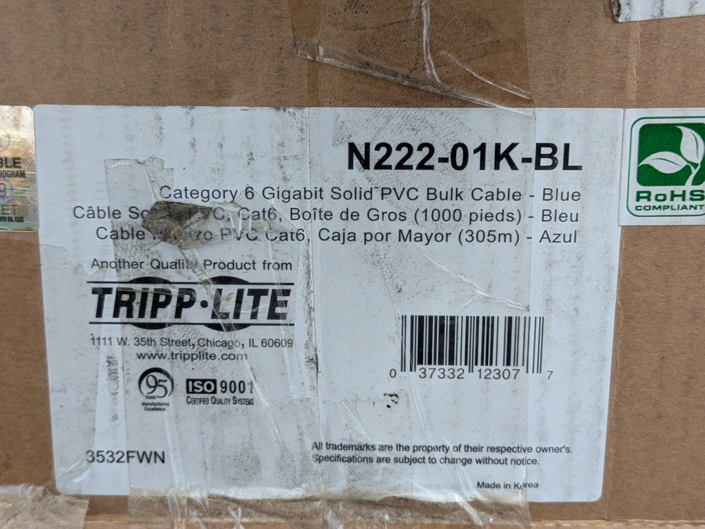 Tripp Lite Cat6 Gigabit Solid PVC Bulk Ethernet Cable 1000 Ft. N222-01K-BL