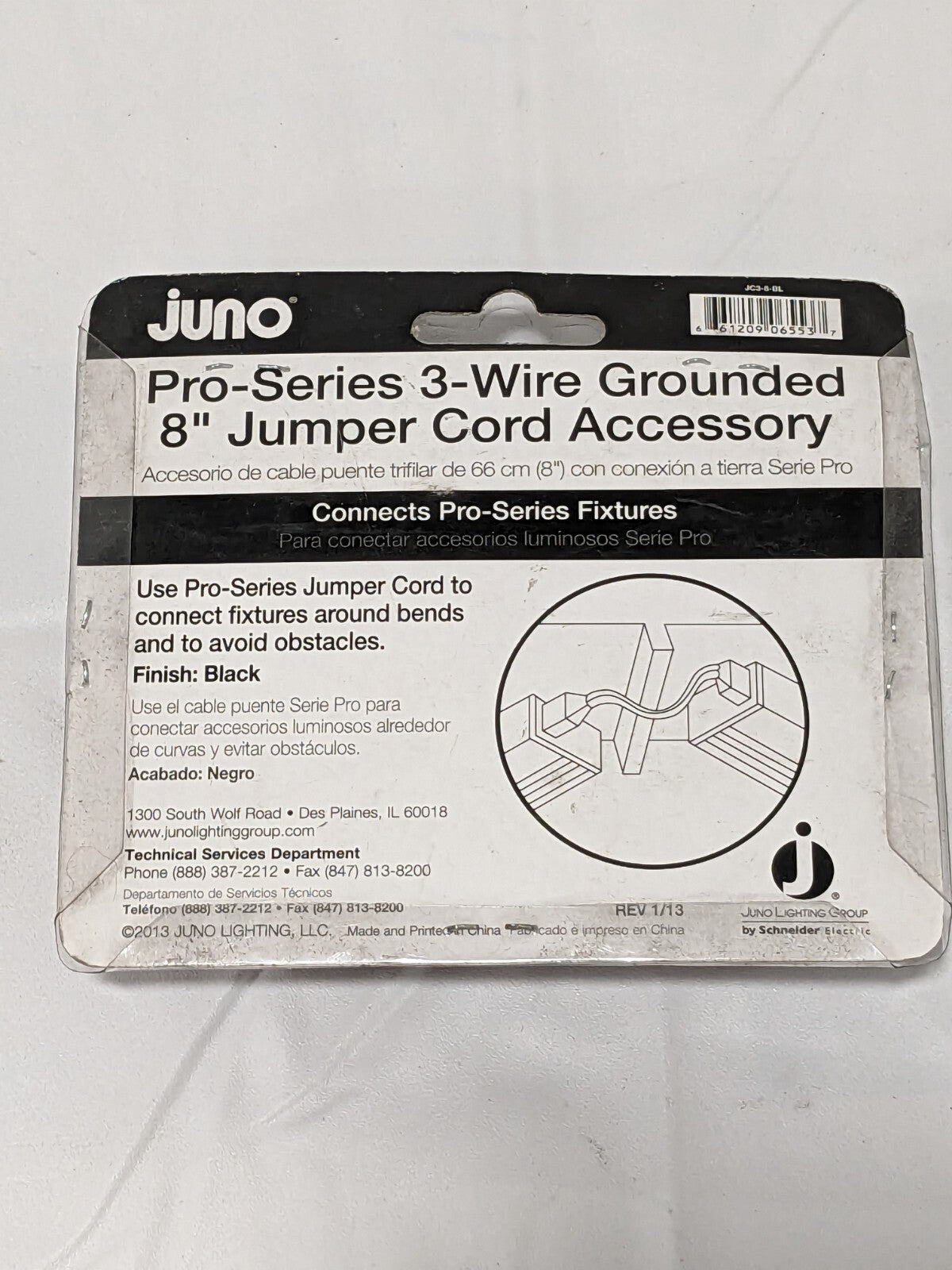 Juno 8" Jumper Cord, 3-Wire, Black Finish JC3-8-BL