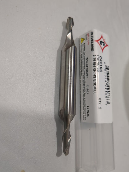 CLEVELAND Ball End Mill: 3/16" Dia, 7/16" LOC, 2 Fl HSS C42186