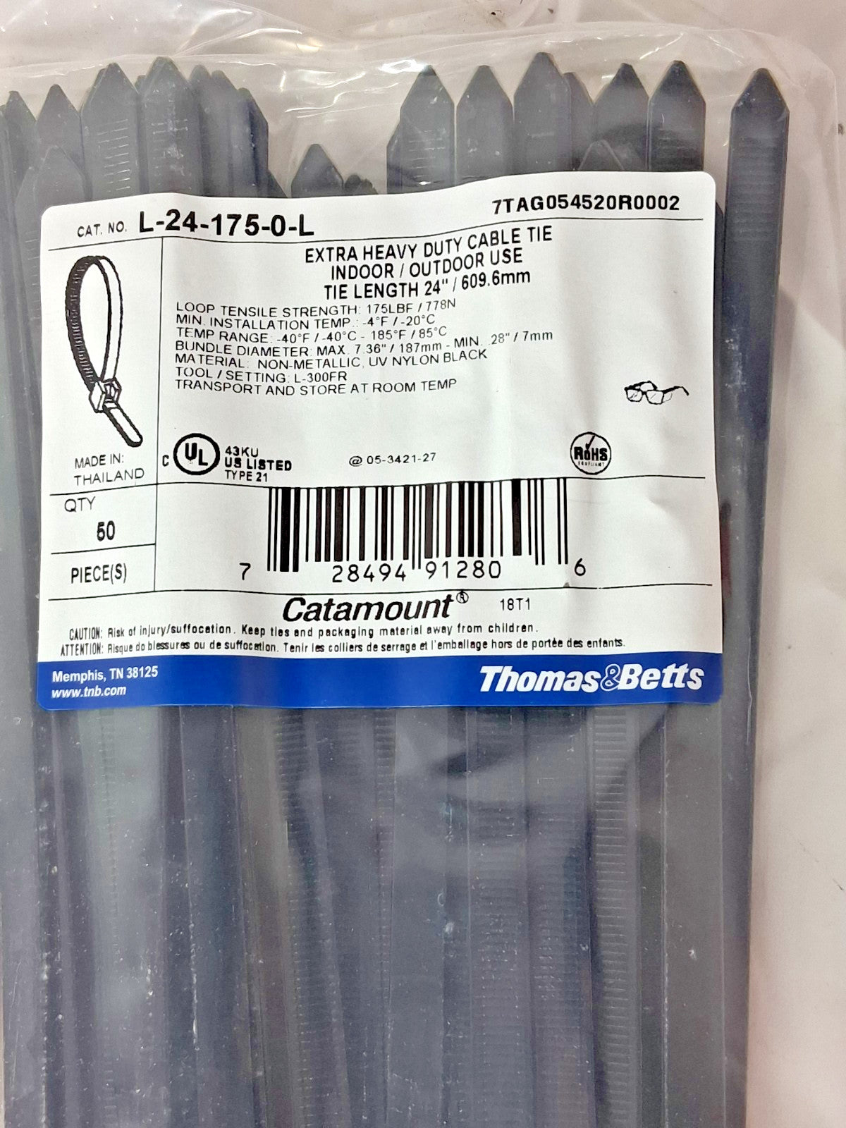 Thomas &amp; Betts Black Nylon Standard Cable Ties QTY50 24" Long L-24-175-