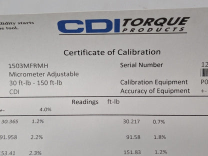 CDI Micrometer Torque Wrench 1/2" Drive 20.0 Ft Lb Min 150.0 Ft Lb Max 1503MFRMH