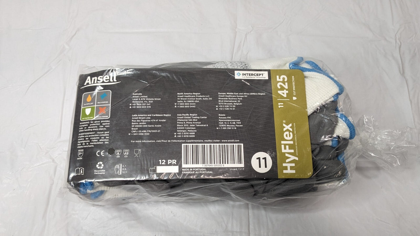 12 PAIRS Ansell HyFlex Abrasion-Resistant Gloves Gray/White Size 11 11-425-11