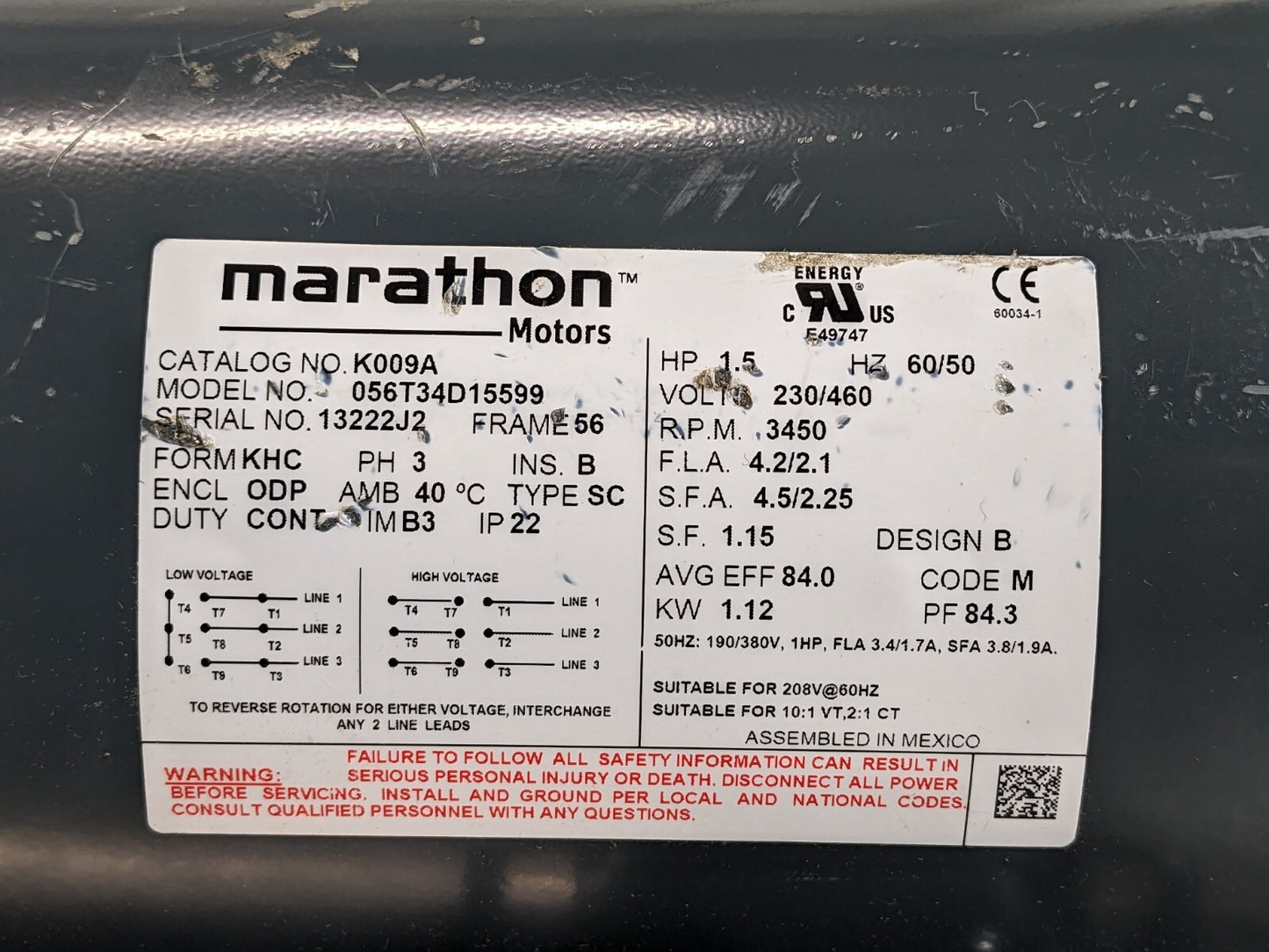 Marathon General Purpose Electric Motor 1.5 HP 3450 RPM 230/460v 3 Phase