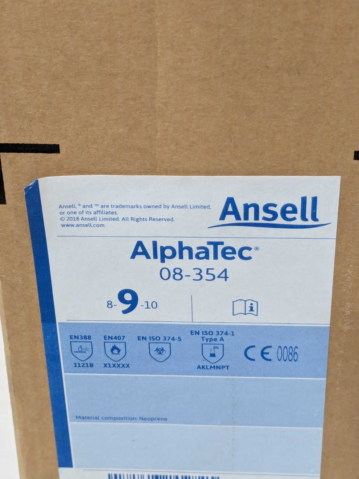 Ansell Chemical Resistant Glove: Neoprene, Qty 12 Pairs SZ L 08-354