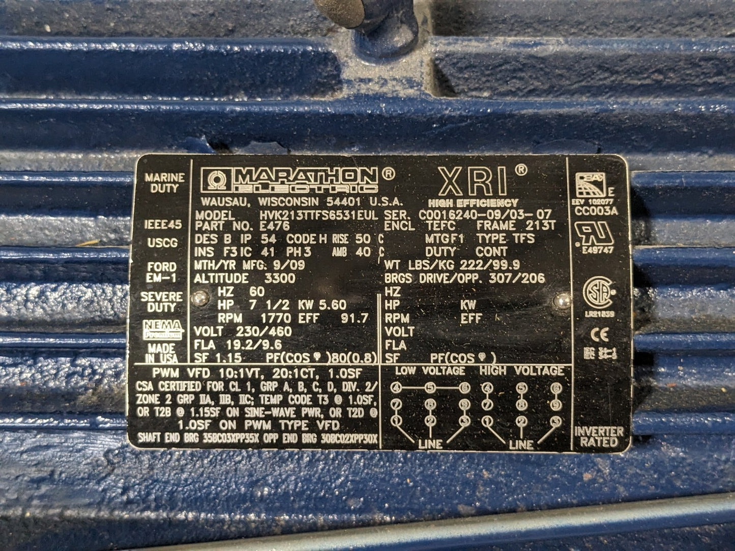 Marathon Severe Duty Electric Motor 7.5 HP 230/460v 3Ph 213TTFS6531 Parts/Repair